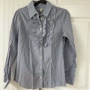 Banana Republic Women Blue White Check Ruffle Long Sleeve Button Down NWT Size M